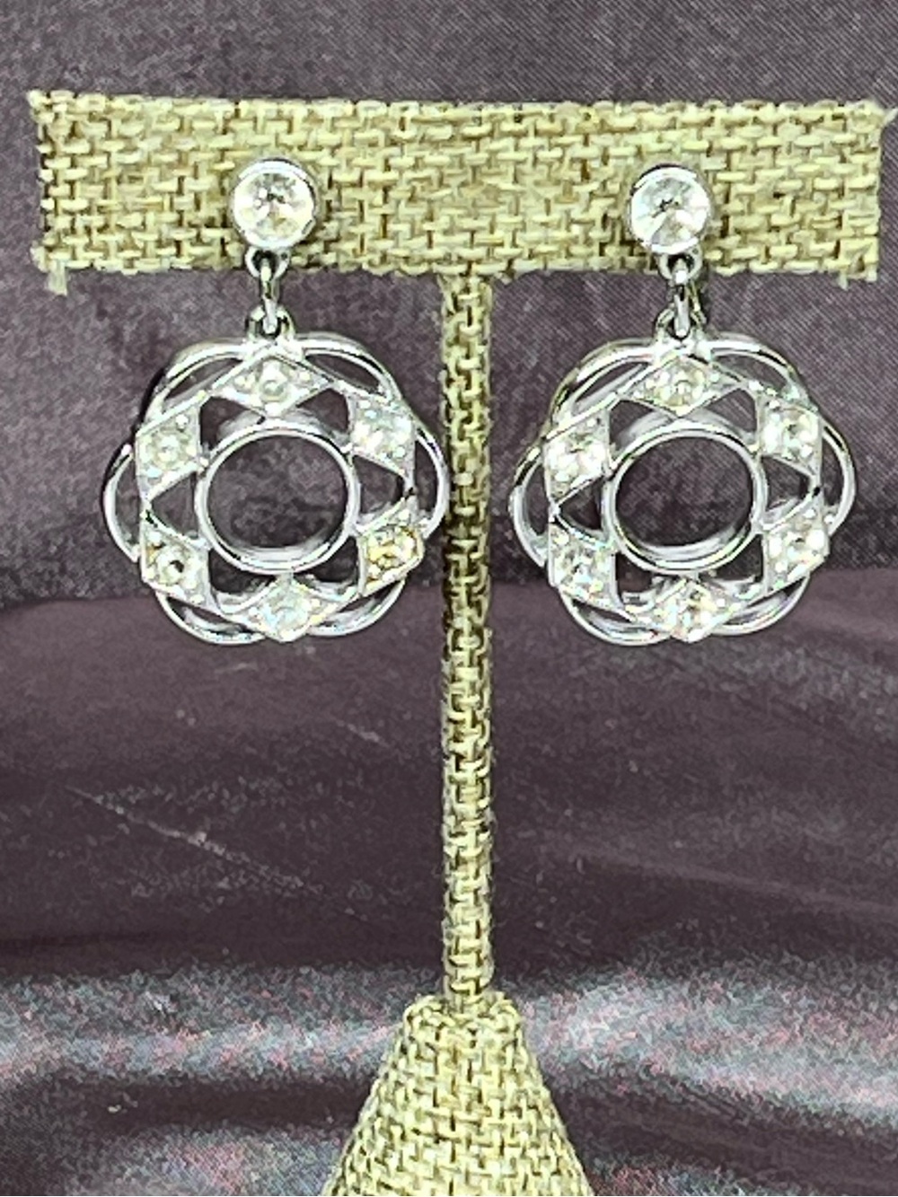 Vintage Sarah Coventry Rhinestone Dangle Clip On Earrings Silver Tone Floral